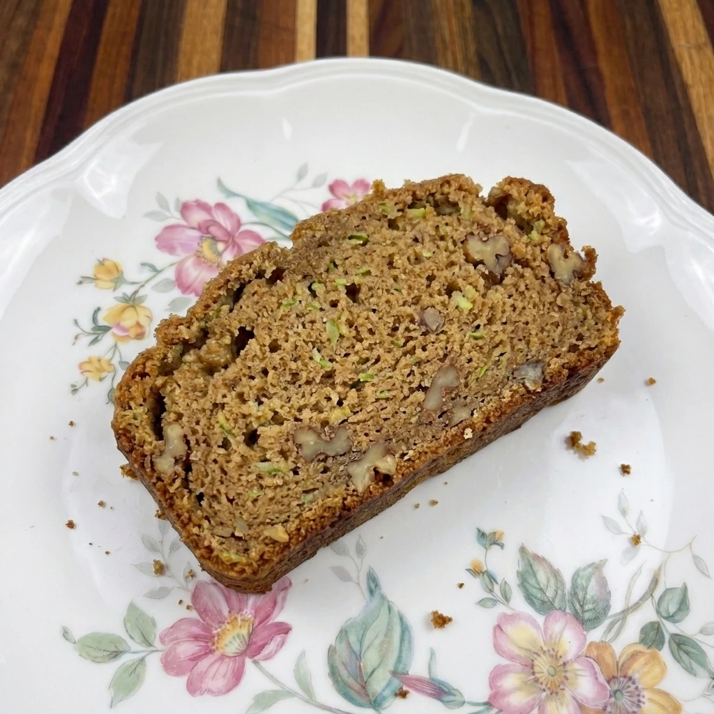 Single slice of moist Patty Pan Squash Bread showing tender crumb