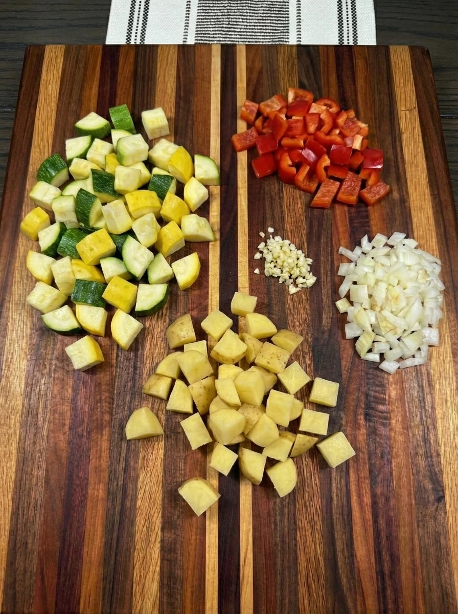 Diced vegetables for Patty Pan Squash Breakfast Hash