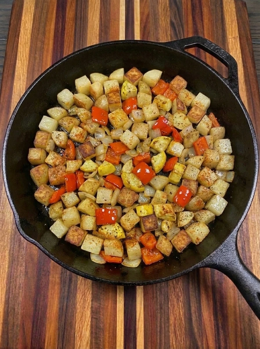Patty pan squash and peppers cooking with golden potatoes