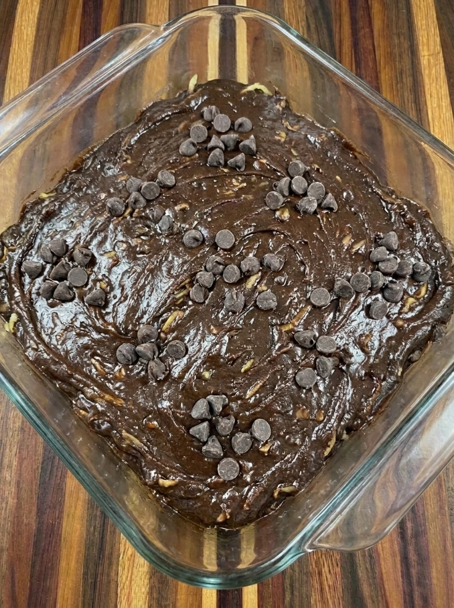 Chocolate squash brownie batter spread in a square baking dish