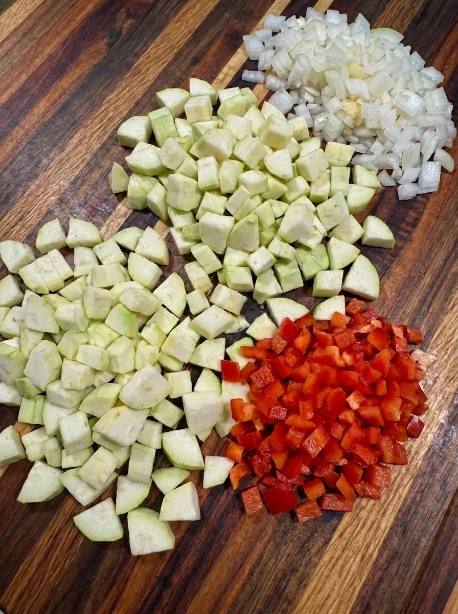 Diced patty pan squash with red pepper and onion