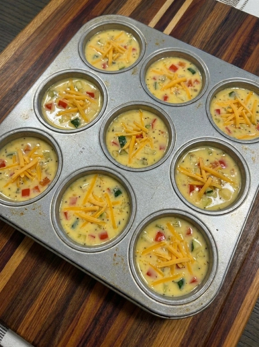Twelve muffin cups filled with squash egg mixture