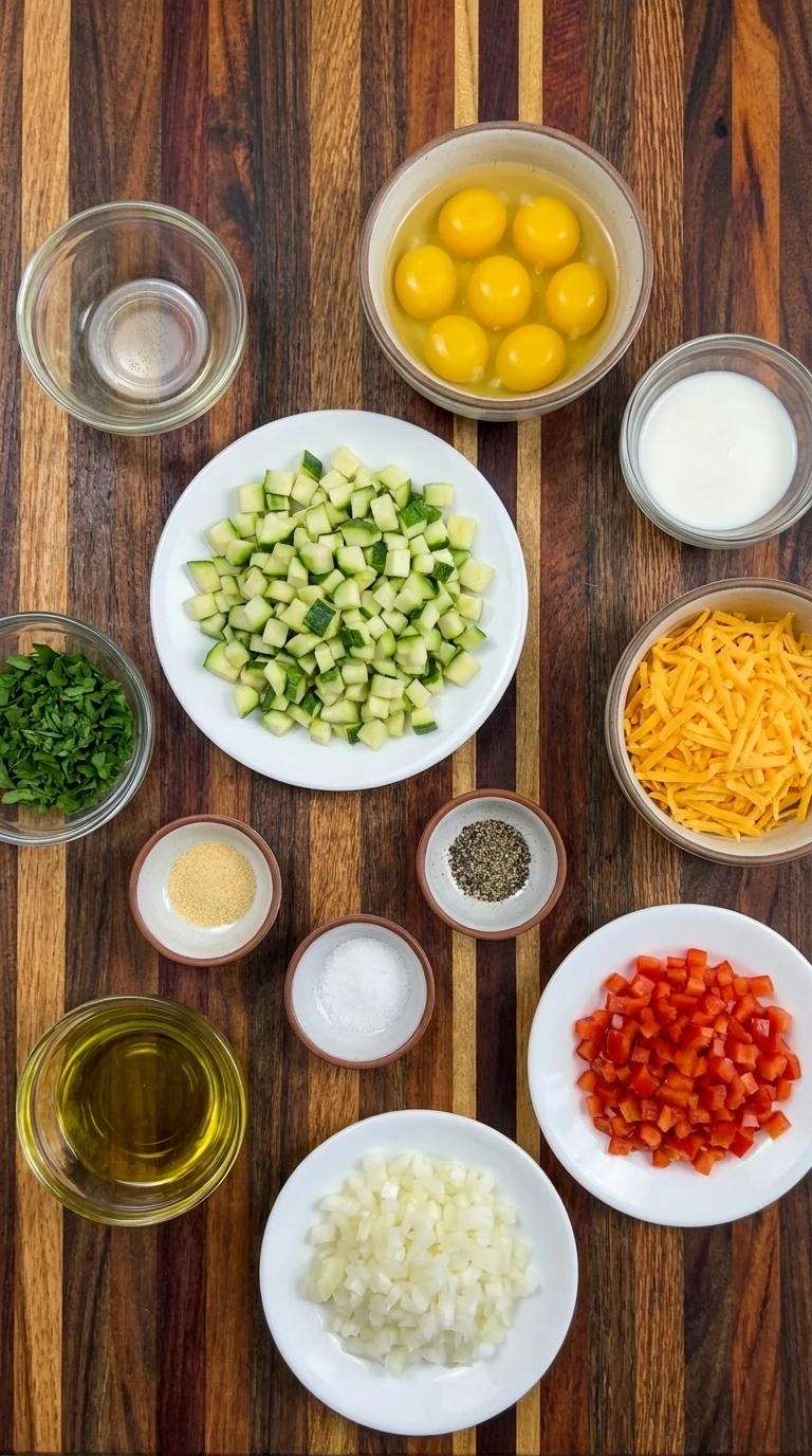 Ingredients for Patty Pan Squash Egg Muffins in separate small containers