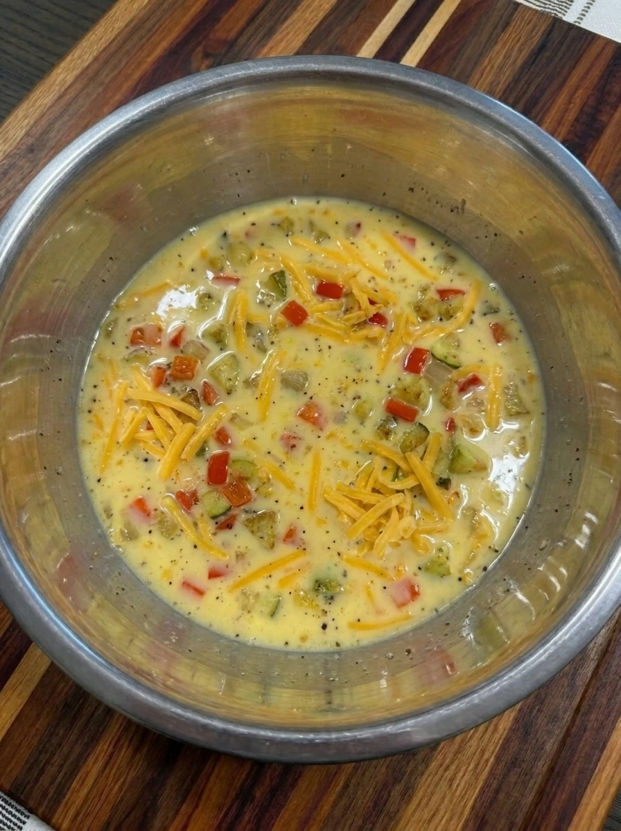 Egg mixture with patty pan squash vegetables and cheddar