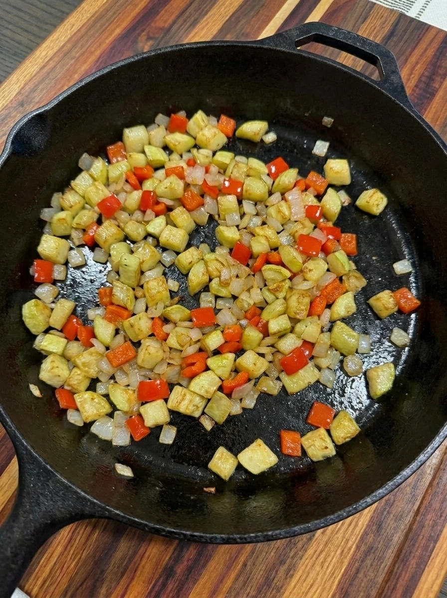 Softened patty pan squash with onion and red bell pepper