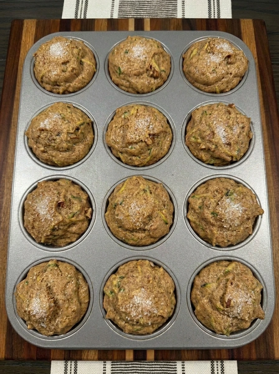Twelve baked Patty Pan Squash Muffins with golden cracked tops