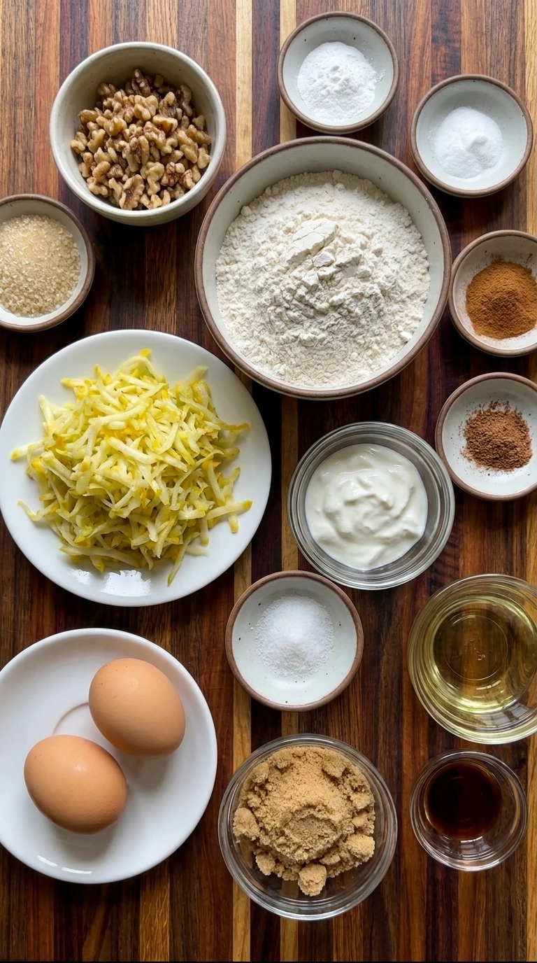 Ingredients for Patty Pan Squash Muffins arranged in separate containers