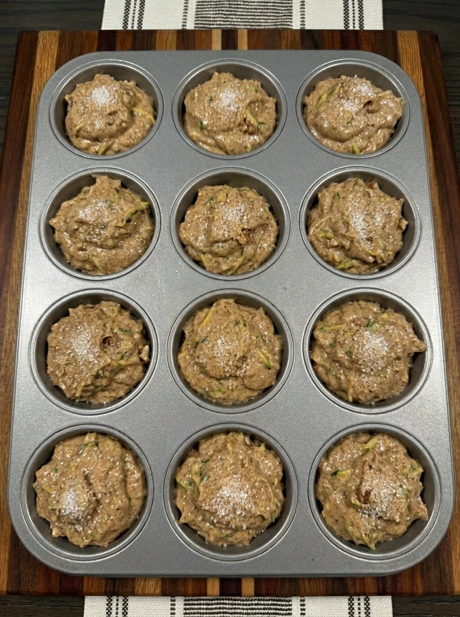 Patty Pan Squash Muffin batter divided into twelve cups