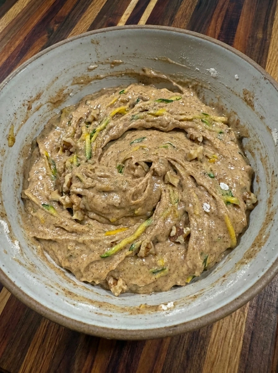 Thick Patty Pan Squash Muffin batter with walnuts