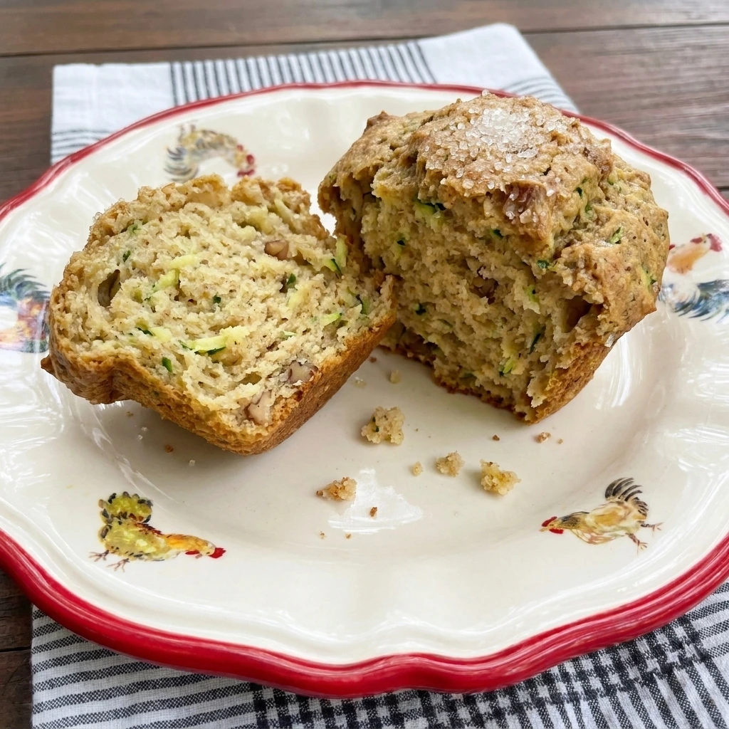 One Patty Pan Squash Muffin broken open to show the moist crumb