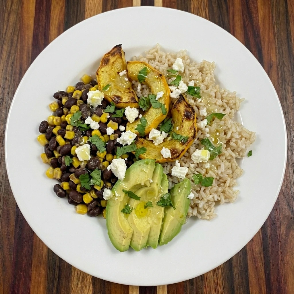 Finished Patty Pan Squash Rice Bowl with avocado and feta