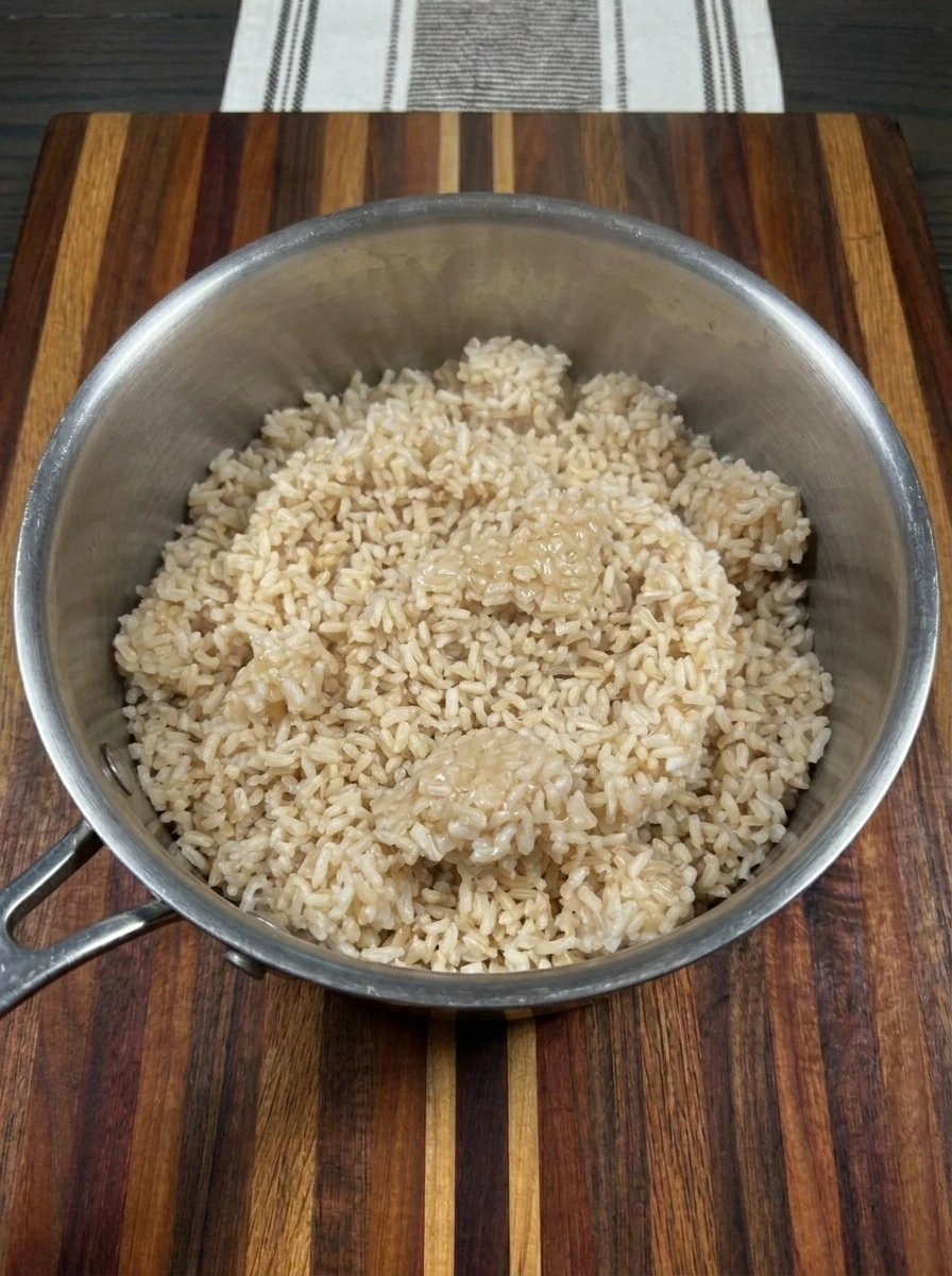 Fluffy cooked brown rice for Patty Pan Squash Rice Bowl