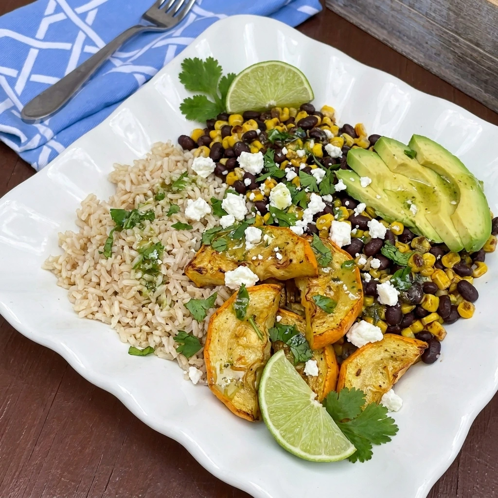 Patty Pan Squash Rice Bowl with roasted squash and rice and beans