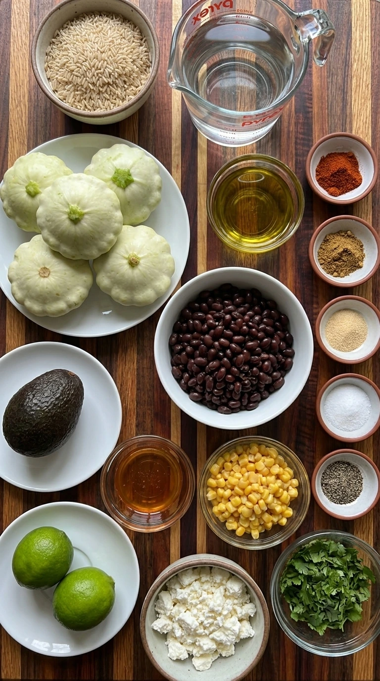 Ingredients for Patty Pan Squash Rice Bowl in separate containers