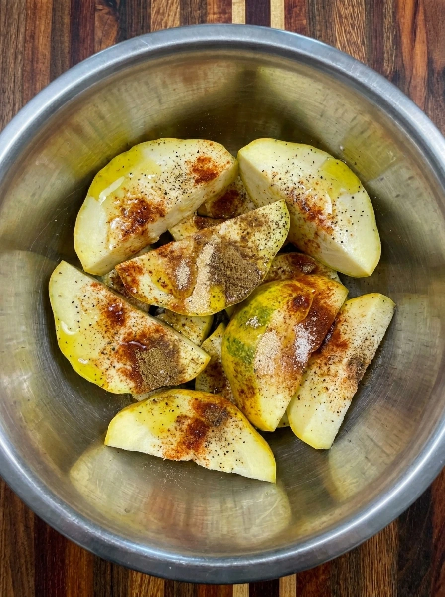 Seasoned patty pan squash wedges in a bowl