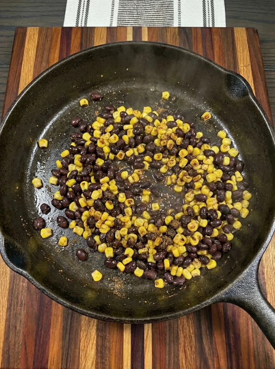 Warm black beans and corn for Patty Pan Squash Rice Bowl
