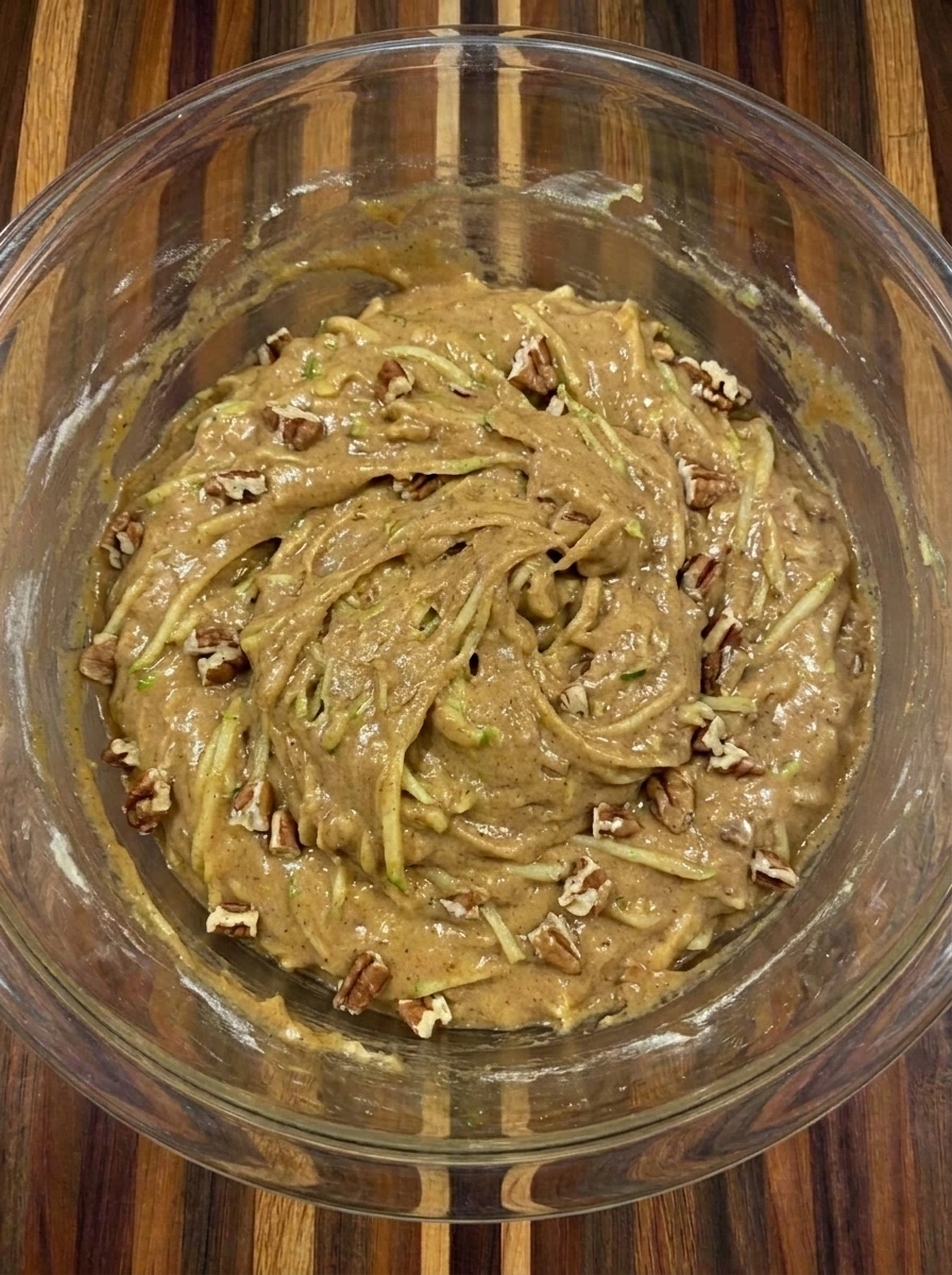 Thick Patty Pan Squash Spice Cake batter with chopped pecans