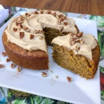 Patty Pan Squash Spice Cake with maple cream cheese frosting and chopped pecans