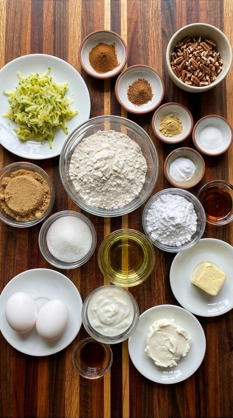 Ingredients for Patty Pan Squash Spice Cake arranged in separate small containers
