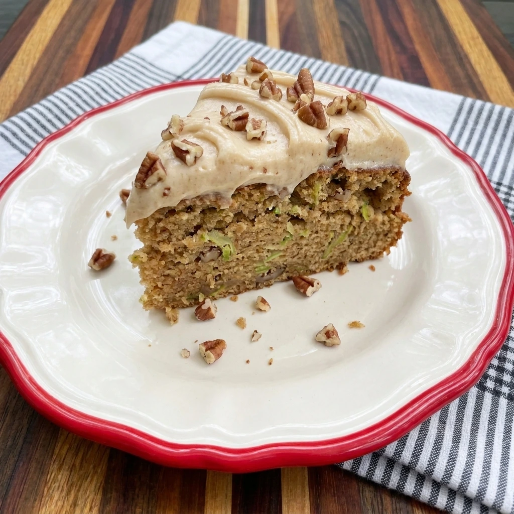 Slice of Patty Pan Squash Spice Cake with maple cream cheese frosting