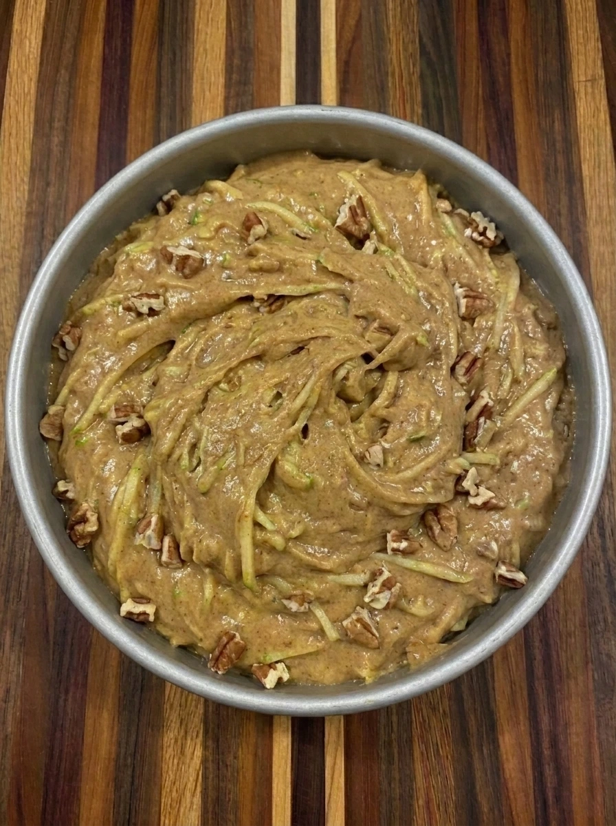 Patty Pan Squash Spice Cake batter spread in a round cake pan