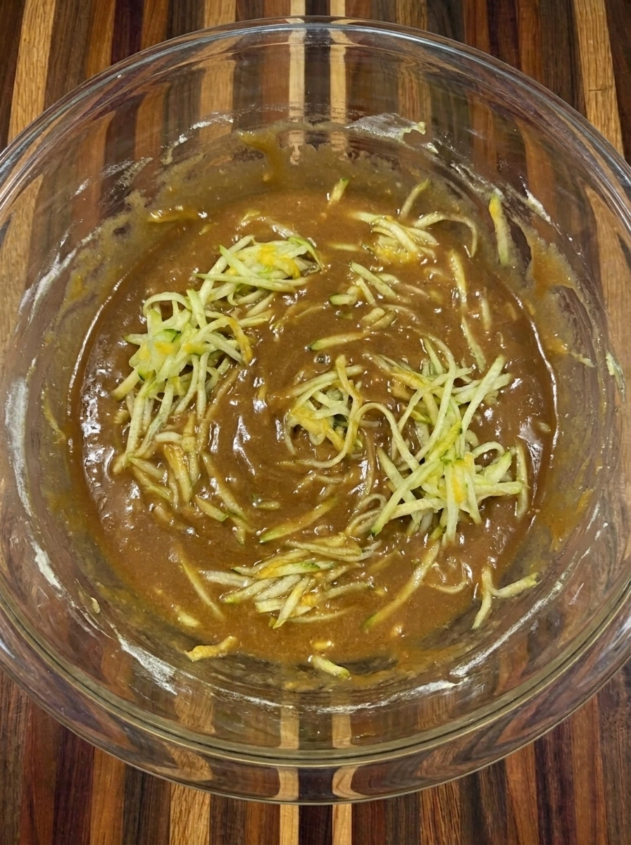 Wet cake mixture with grated patty pan squash folded through