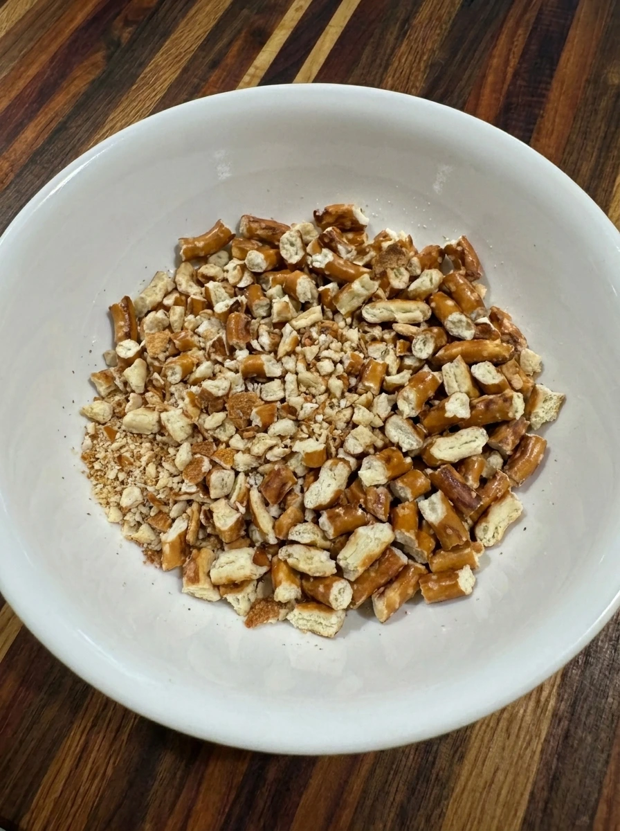 Uneven crushed pretzel pieces for Peanut Butter Pretzel Energy Balls