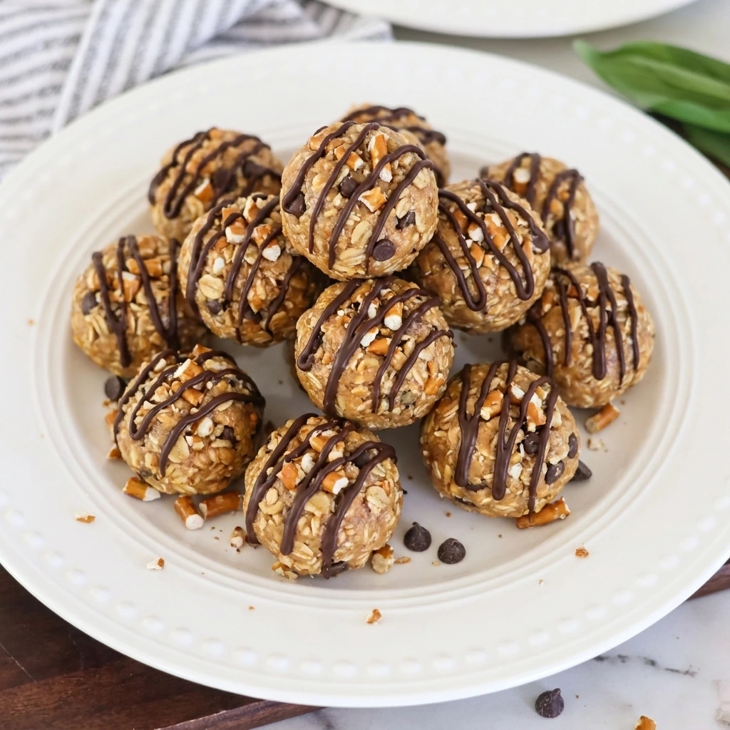 Peanut Butter Pretzel Energy Balls with chocolate drizzle and crushed pretzel pieces
