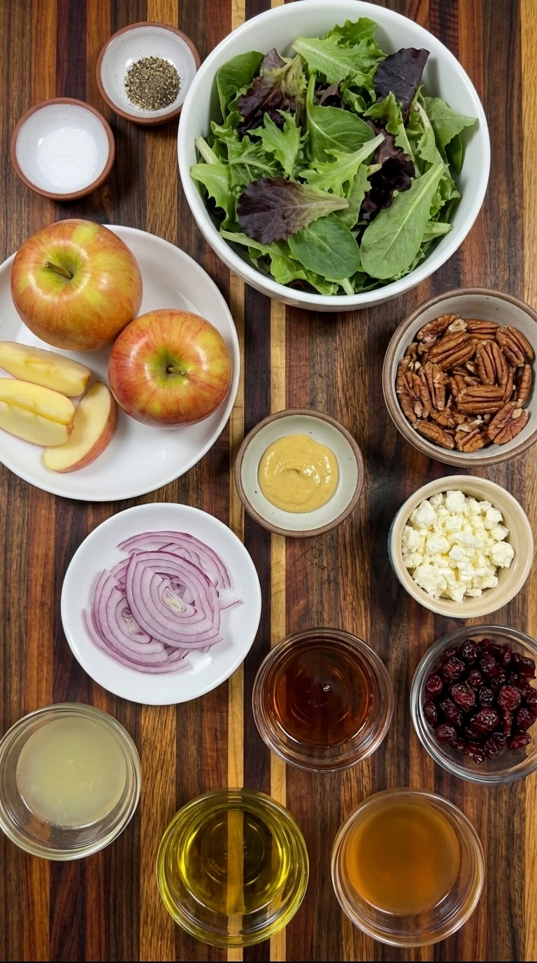 Ingredients for Pecan Apple Salad in separate small containers