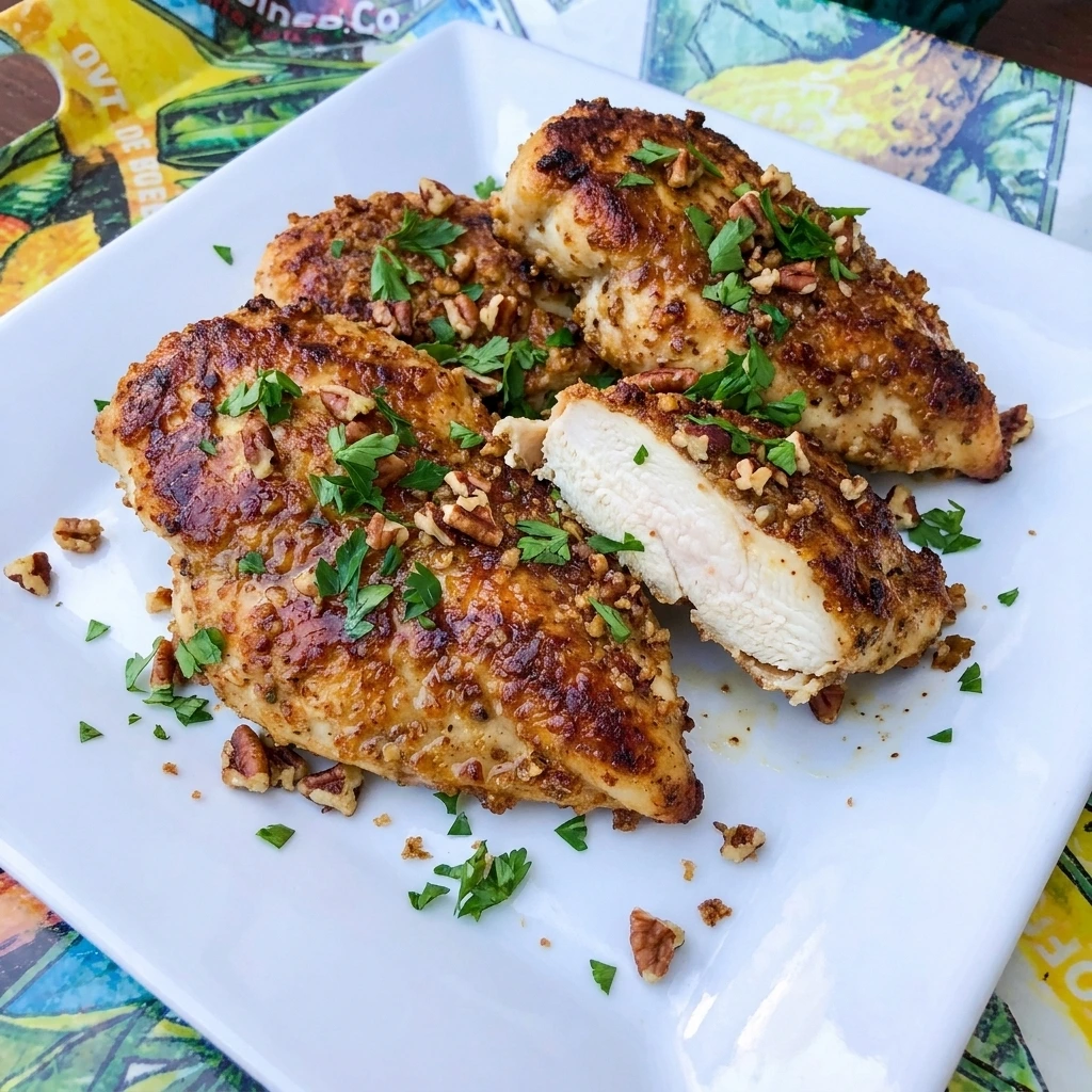Pecan Crusted Chicken with golden pecan coating on a white plate