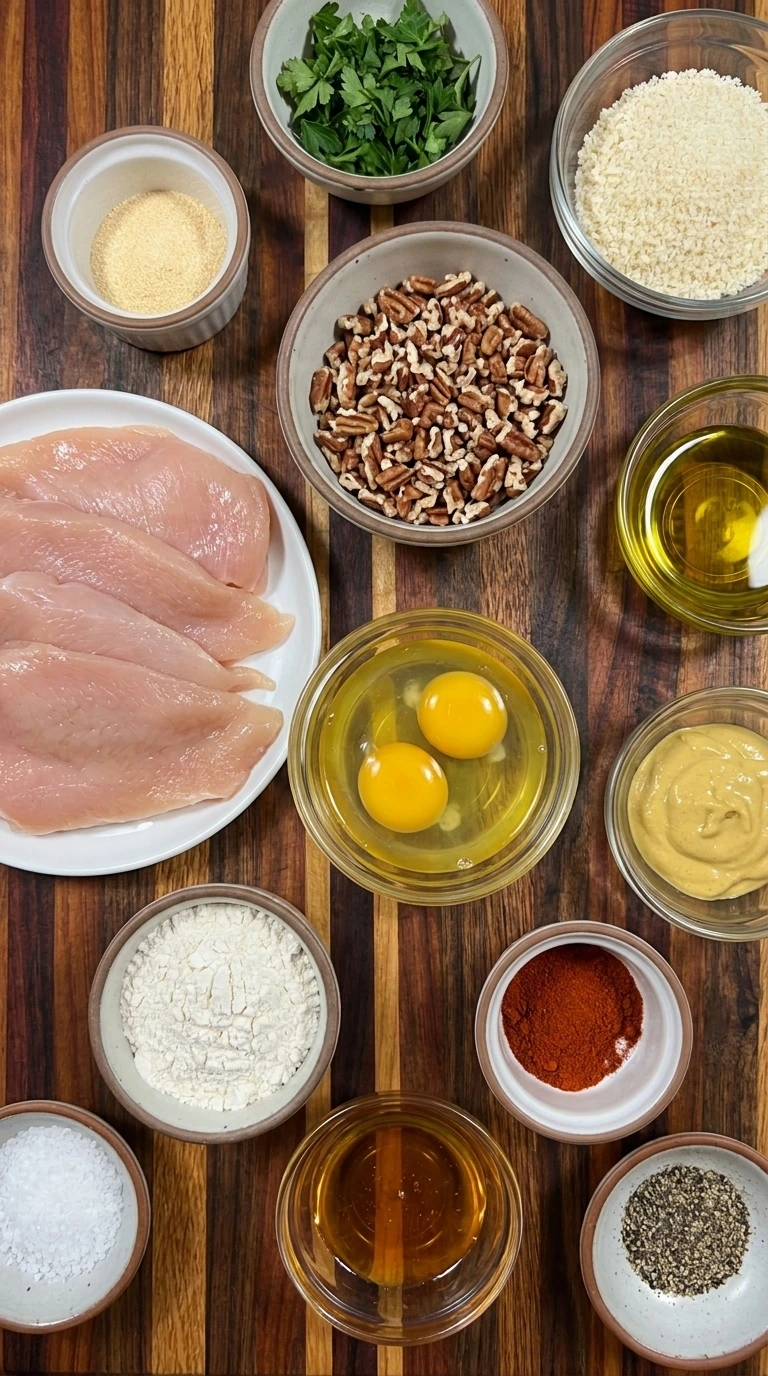 Ingredients for Pecan Crusted Chicken in separate small containers