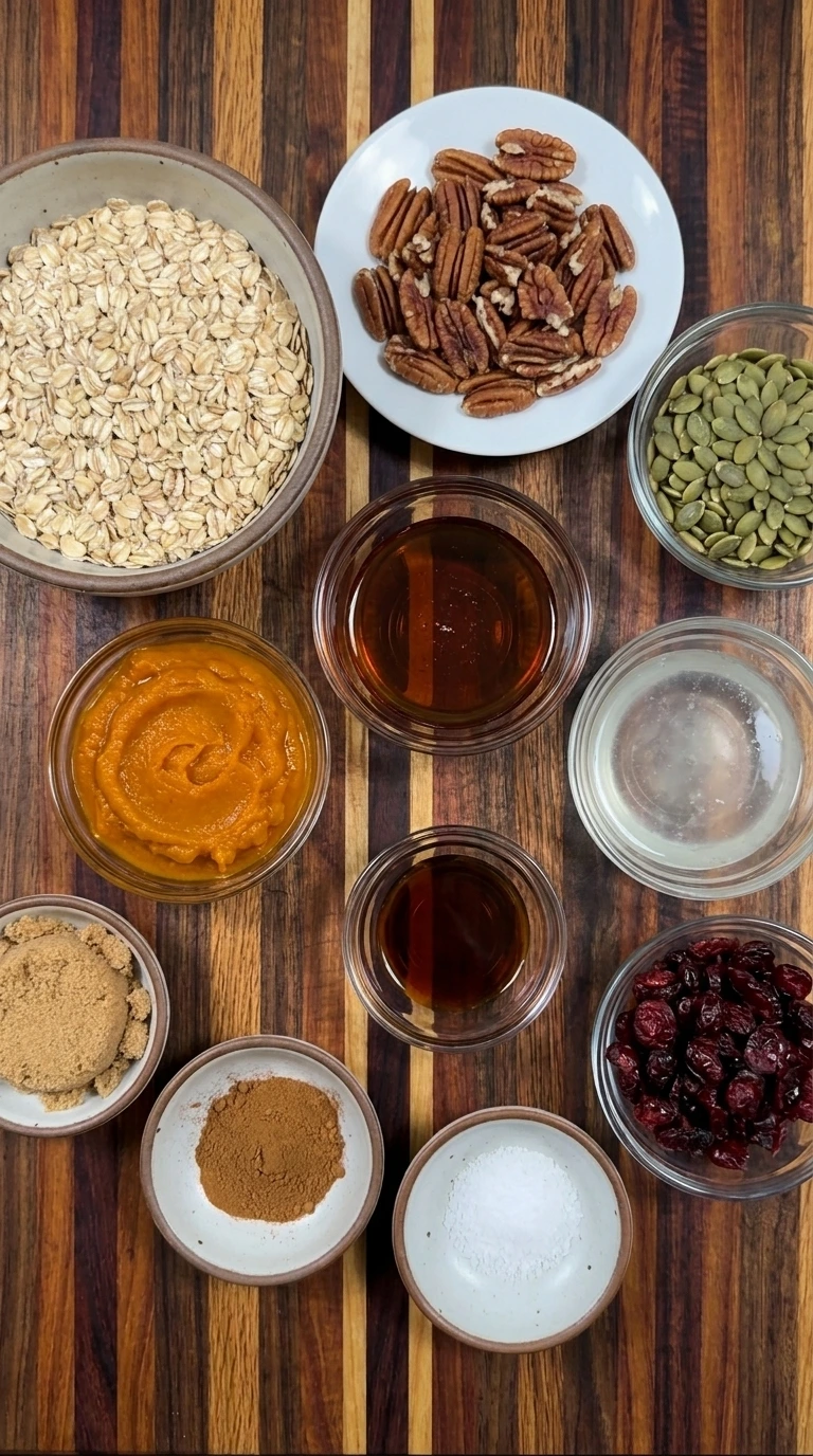 Ingredients for Pecan Pumpkin Granola in separate small bowls