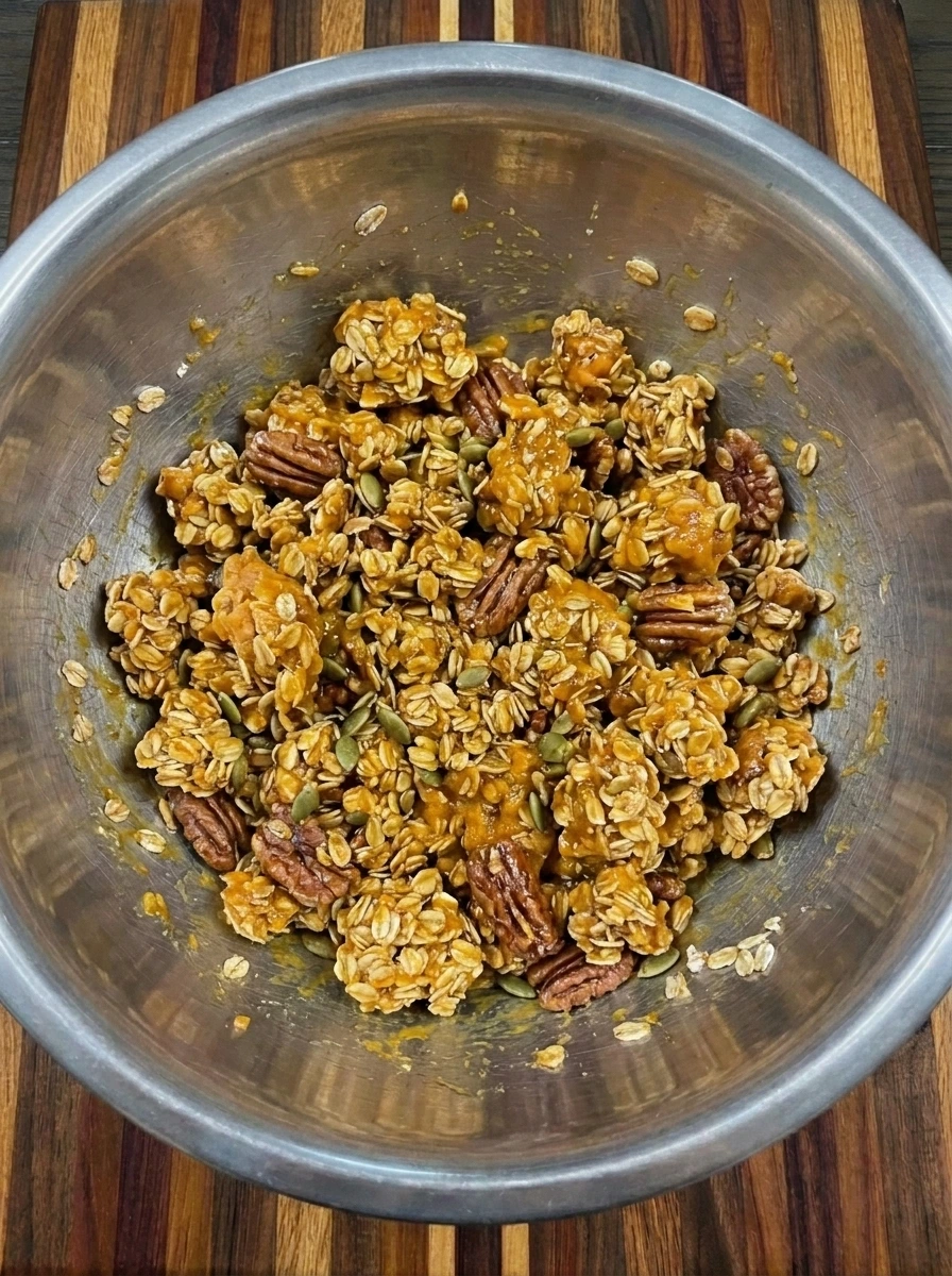 Oats coated with pumpkin maple mixture for Pecan Pumpkin Granola