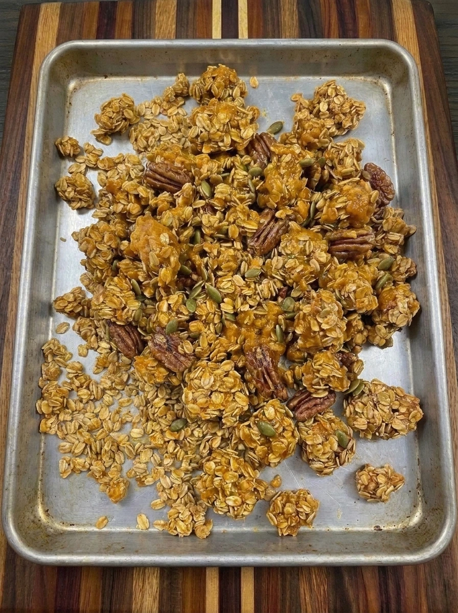 Baked Pecan Pumpkin Granola with golden clusters