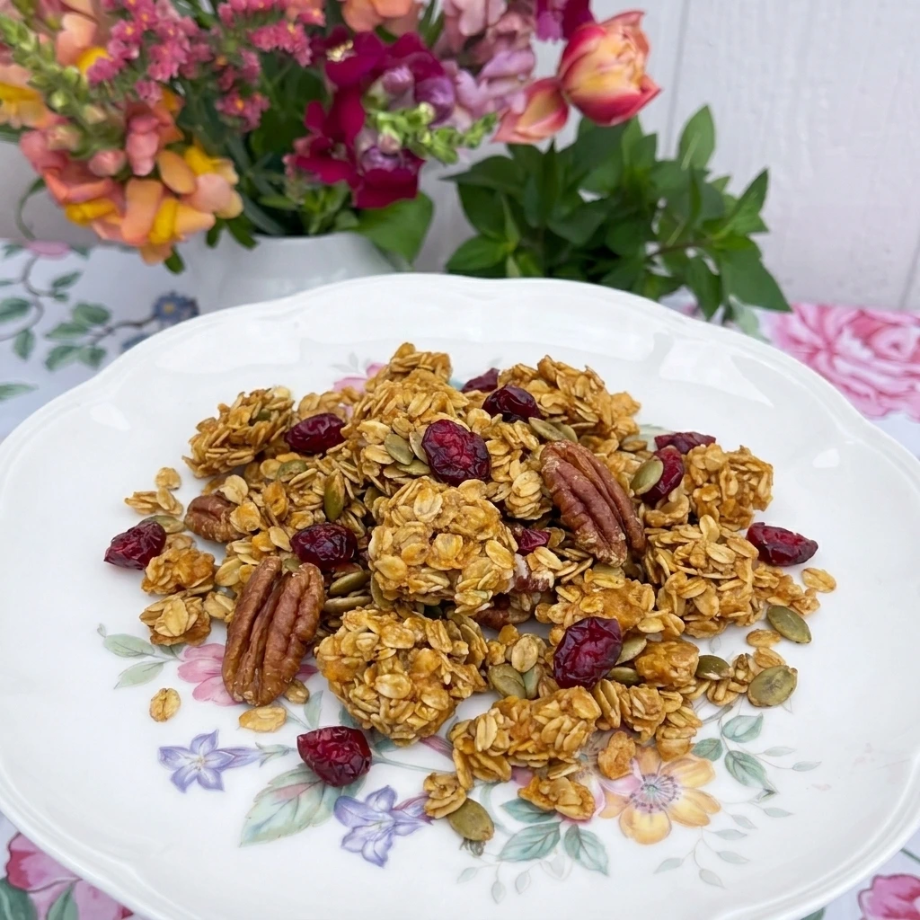 Single serving of Pecan Pumpkin Granola on a white plate