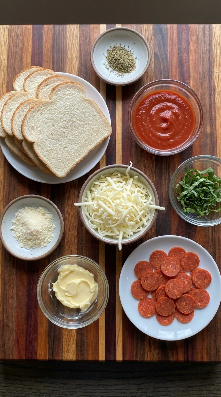 Ingredients for Pizza Grilled Cheese Bites arranged in separate small containers