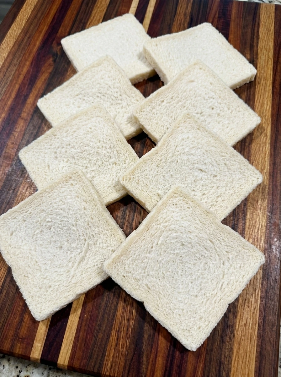 Eight bread slices trimmed and flattened for Pizza Grilled Cheese Bites