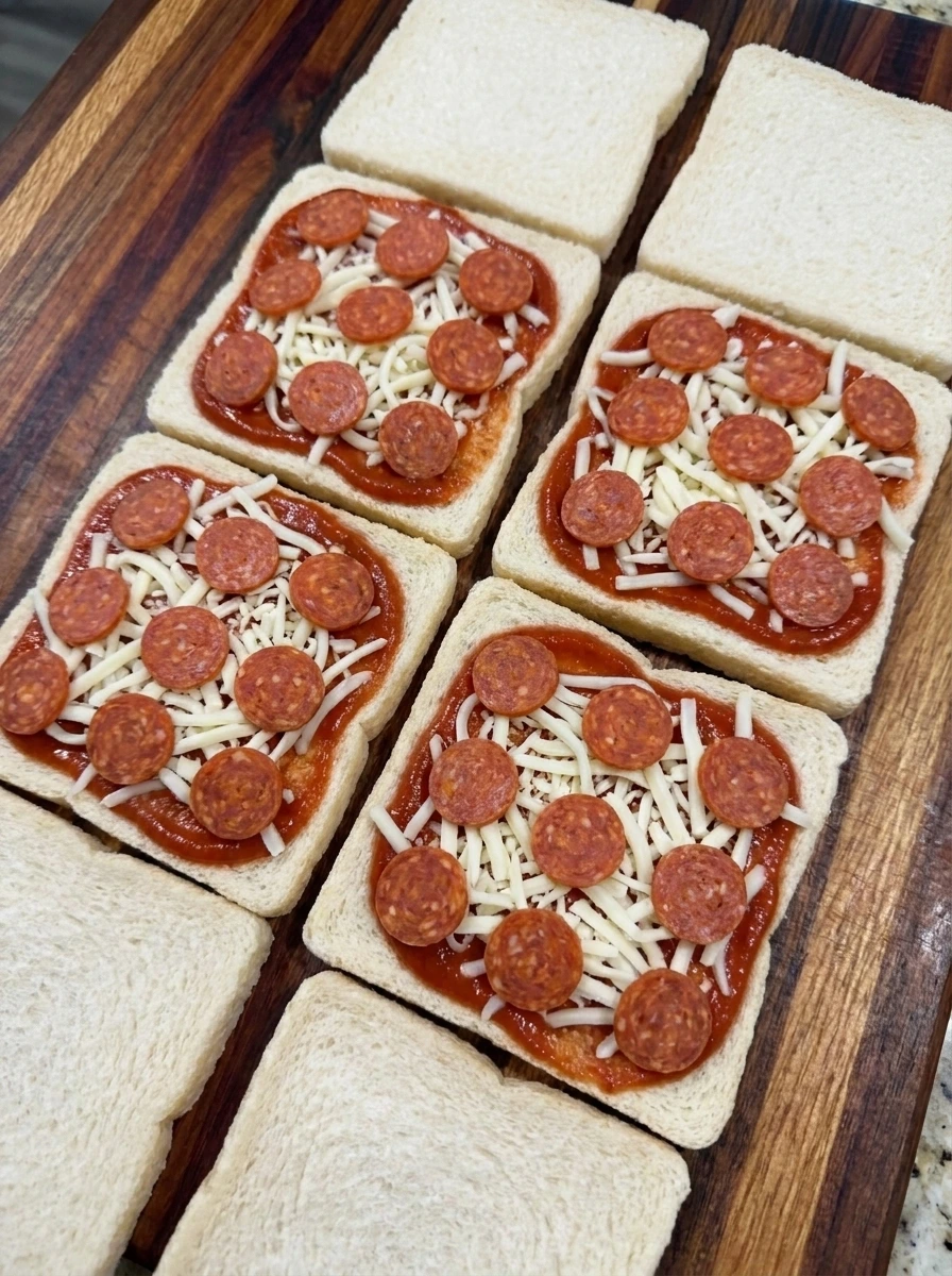 Bread layered with pizza sauce and mozzarella and pepperoni