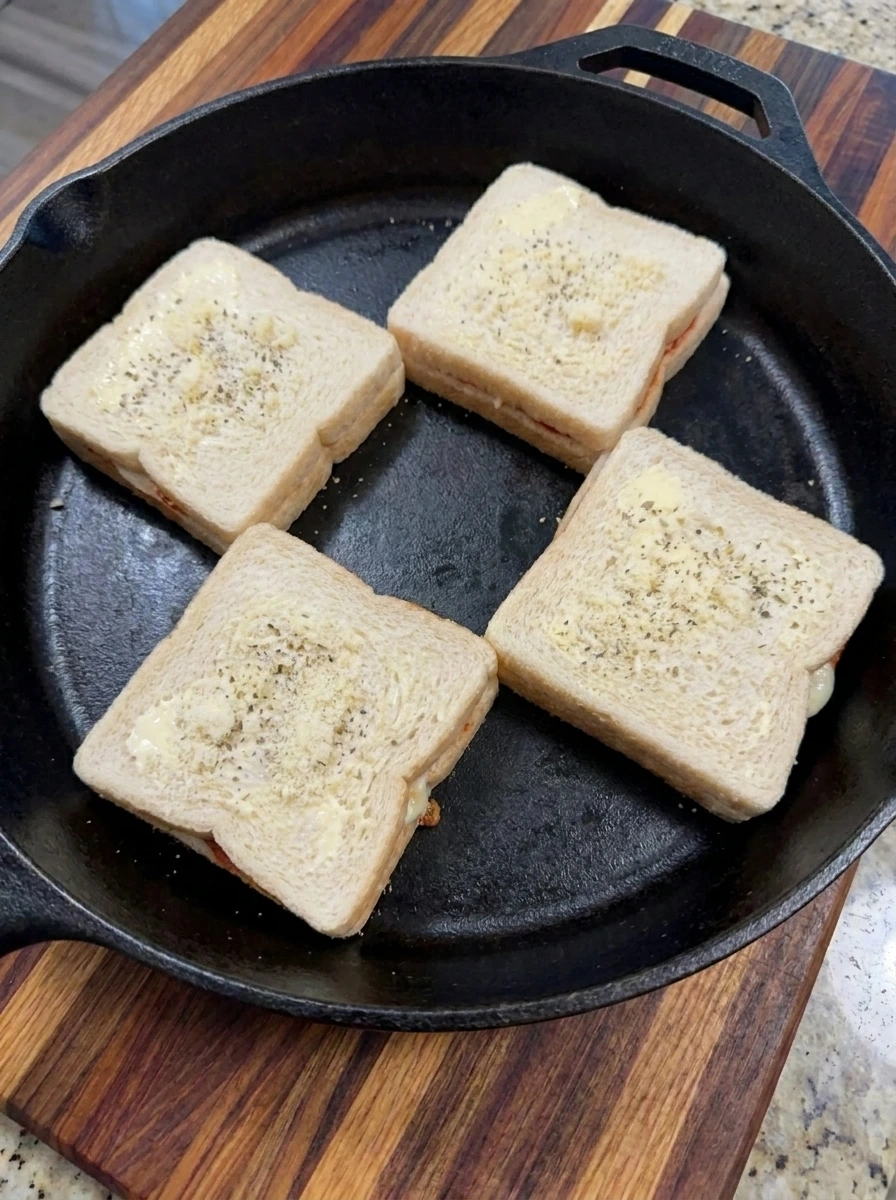 Four pizza grilled cheese sandwiches browning on their first sides
