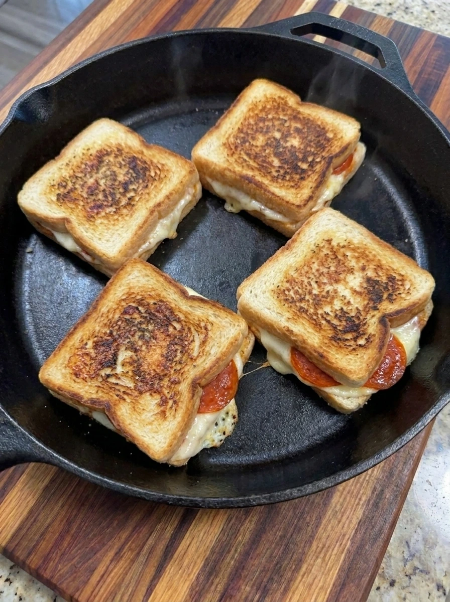 Pizza grilled cheese sandwiches flipped with golden crusts and melted cheese