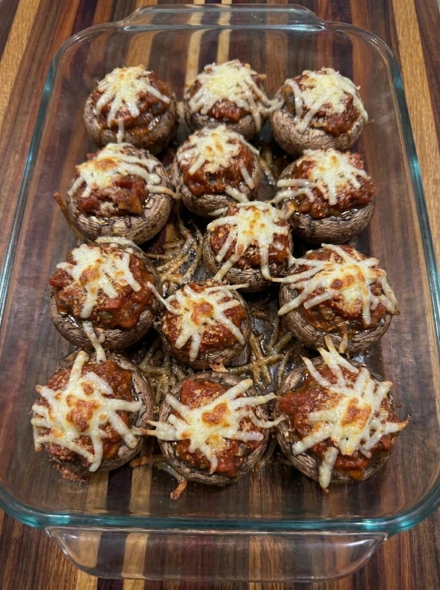 Baked Pizza Stuffed Mushrooms with browned melted cheese
