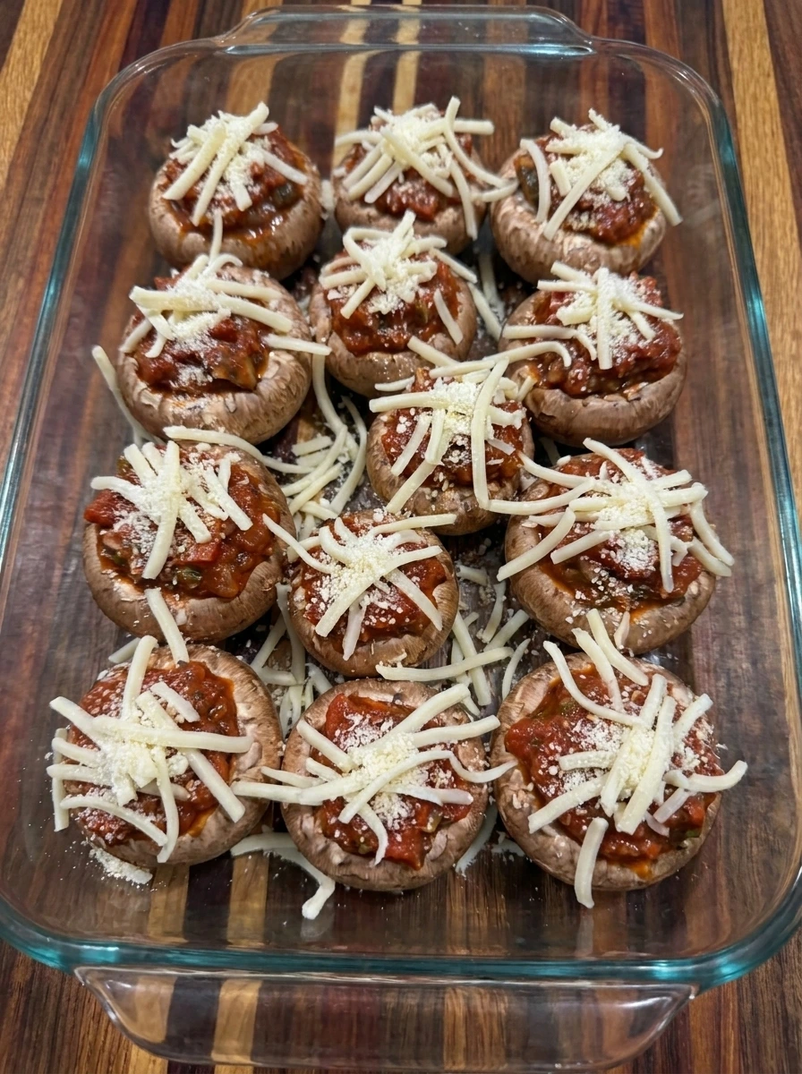 Twelve mushroom caps filled with pizza sauce and topped with cheese