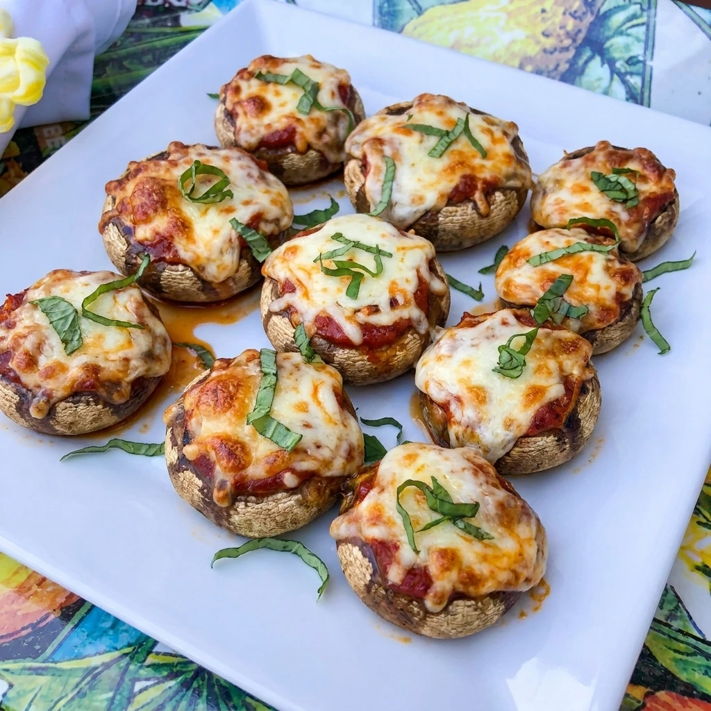 Pizza Stuffed Mushrooms with pepperoni and melted mozzarella