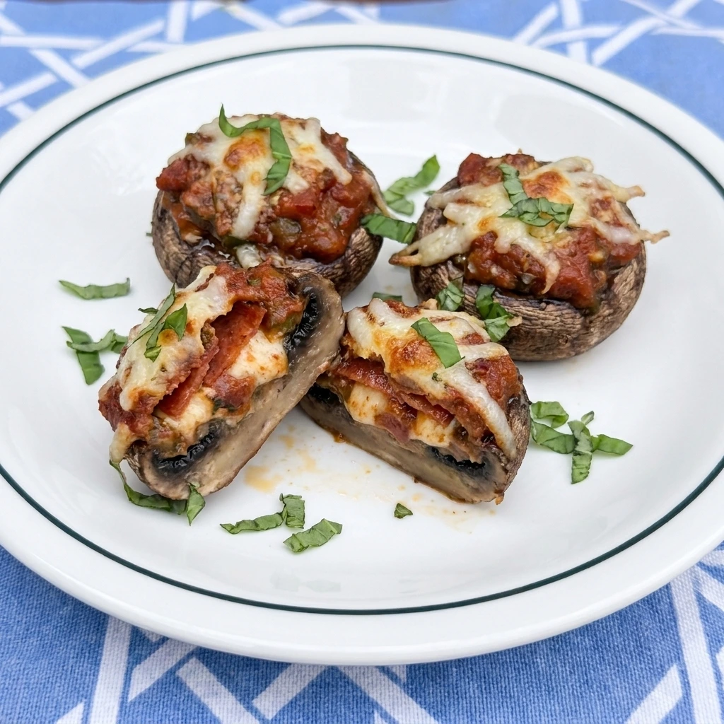 Three Pizza Stuffed Mushrooms with one cut open