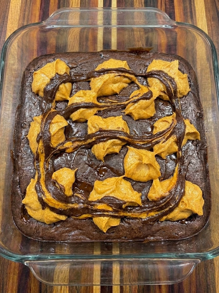 Freshly baked Pumpkin Cheesecake Brownies with marbled tops