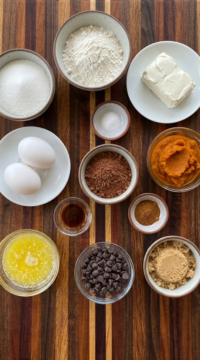 Ingredients for homemade Pumpkin Cheesecake Brownies in separate bowls