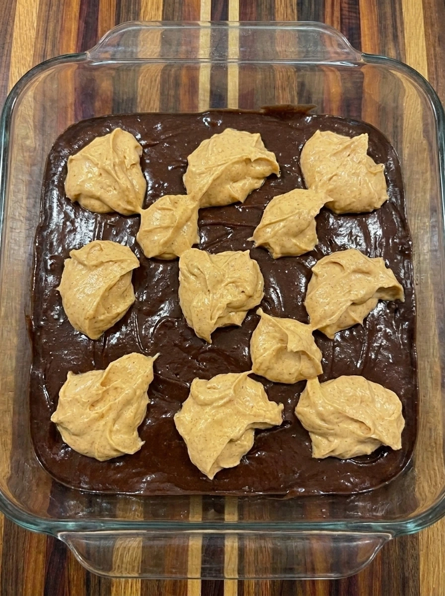 Chocolate and pumpkin cheesecake batters layered in a baking dish