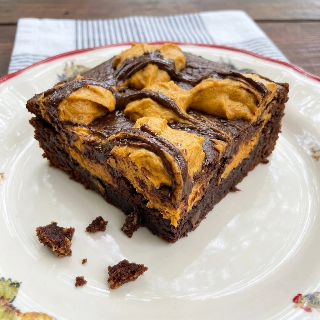 Single Pumpkin Cheesecake Brownie showing chocolate and pumpkin layers