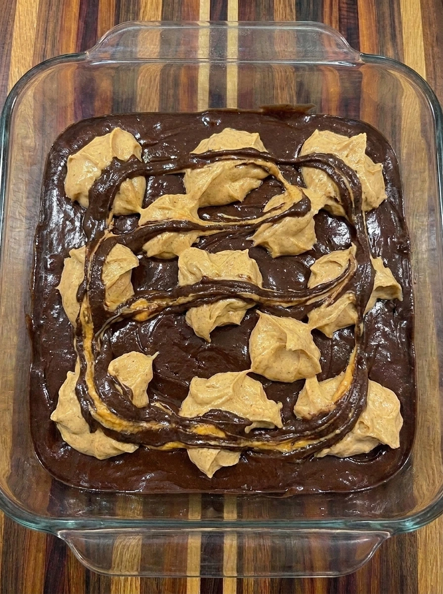 Marbled chocolate and pumpkin cheesecake brownie batter