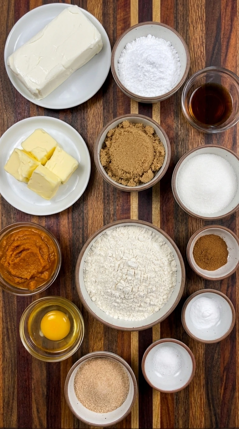 Ingredients for Pumpkin Cheesecake Cookies arranged in separate small containers